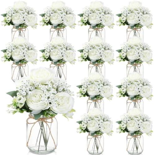 Zeyune 12 Sets Mason Jar Centerpiece Table Decorations, Artificial Peony Baby's Breath Flower Bouquets, Faux Flowers with Vase, Rustic Decor Gifts for Home, Wedding, Holiday (White)