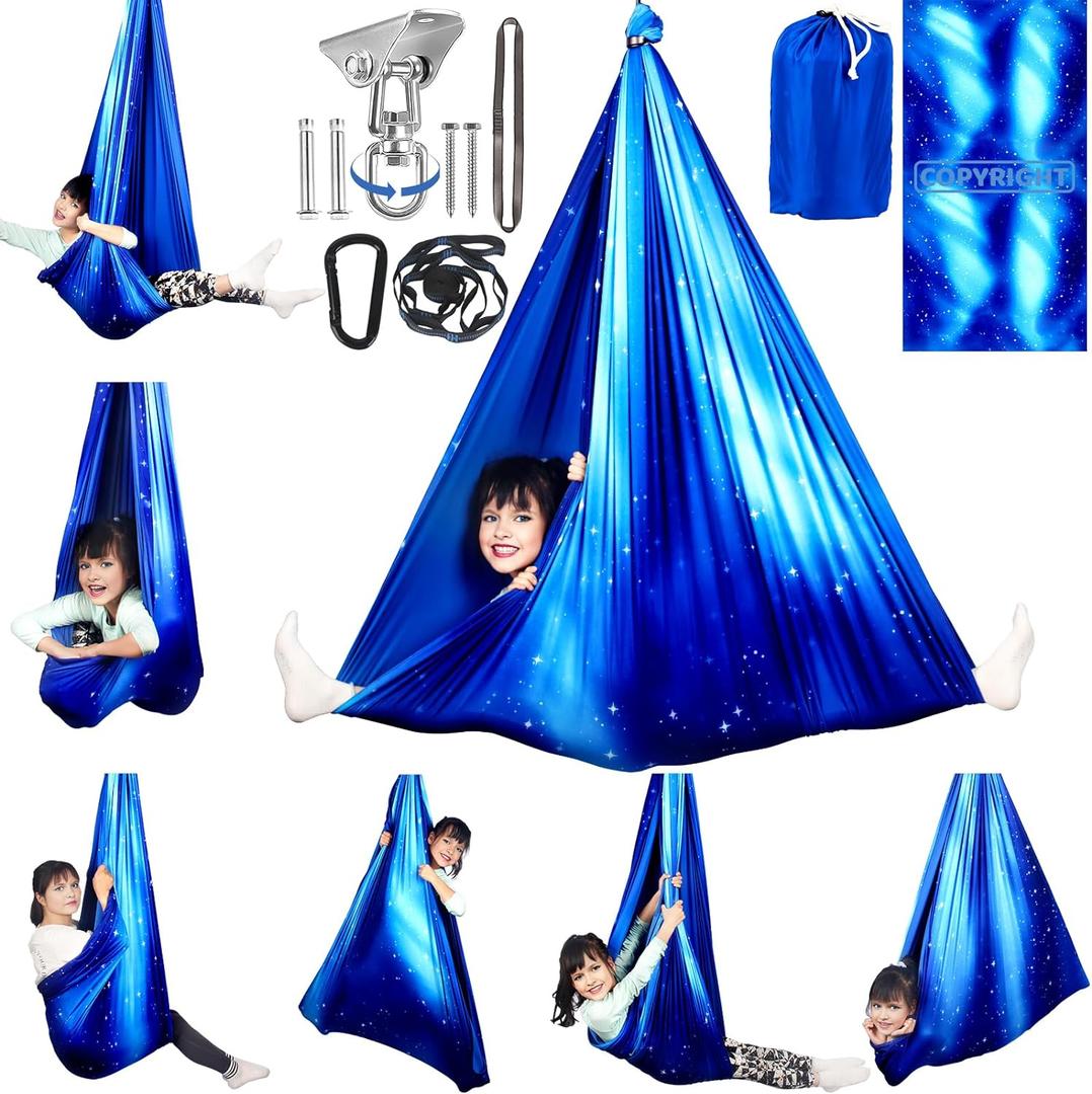 Double Layer Sensory Swing for Kids & Adults Holds up to 300lbs Indoor and Outdoor Therapy Cuddle Swing with 360 Swivel Hanger Kit Adjustable with Aspergers Autism ADHD (Star Blue)
