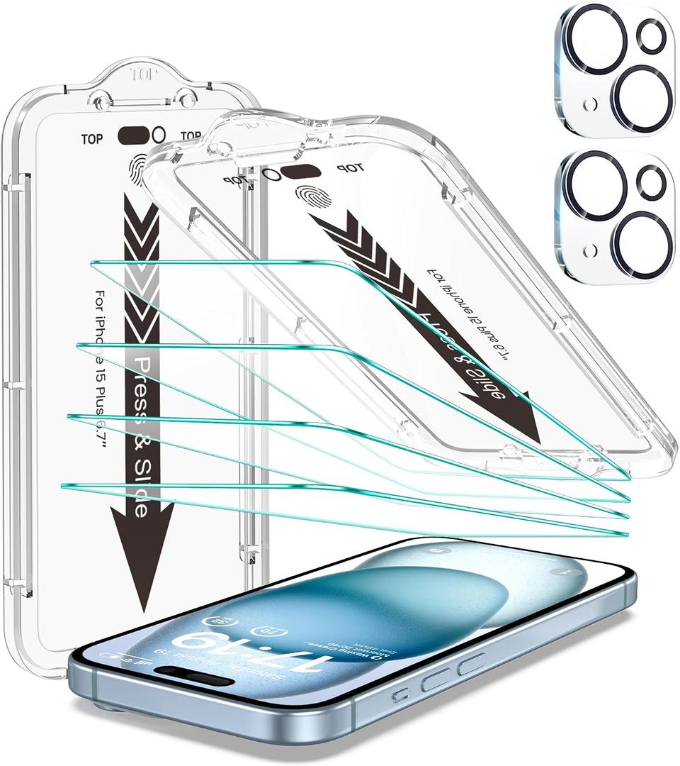 EZ-GLAZ 4-Pack for iPhone 15 Plus Screen Protector [6.7"] with Flawless Fit Kit + 2-Pack Camera Lens Protector, 15-Second Bubble-Free Installation, 9H Hardness, 12FT Military Grade Shatterproof, Scratch Resistant, Tempered Glass, HD Clear