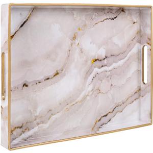 MAONAME Plastic Decorative Tray, Marbling Tray with Handles, Rectangular Coffee Table Trays, Serving Trays for Ottoman, Bathroom, Kitchen, 15.7 x 11.8, White