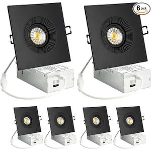 Wembanma 6 Pack 4 Inch Square LED Recessed Lighting, 8W Black Sloped Ceiling Recessed Light Fixture, 360° Eyeball Wafer Light for Directional Lighting, 5CCT Gimbal Downlight, 4 Inch 6 Pack Black