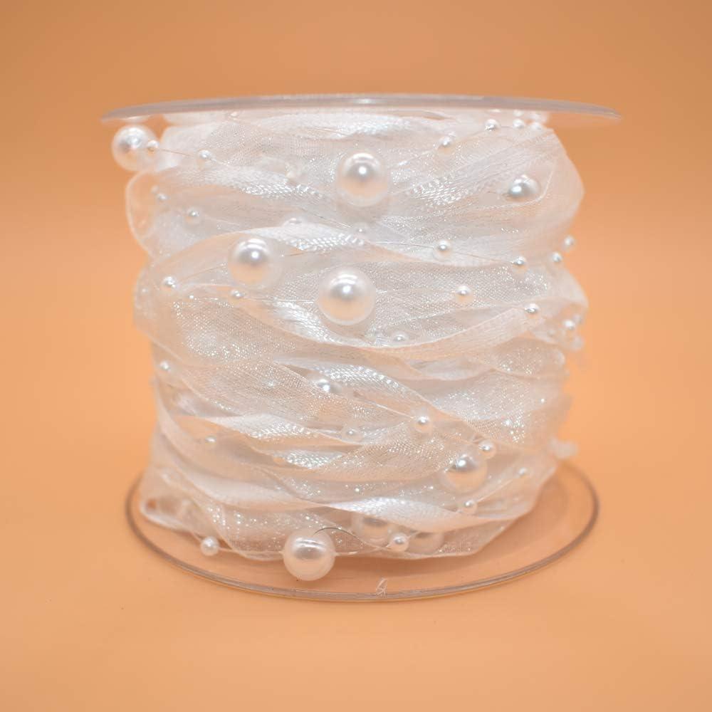 10M Artificial Bead Pearl Ribbon Chiffon Ribbon and Organza Lace Trims for Wedding Flower Christmas Tree Decoration Sewing Craft Packaging (White)