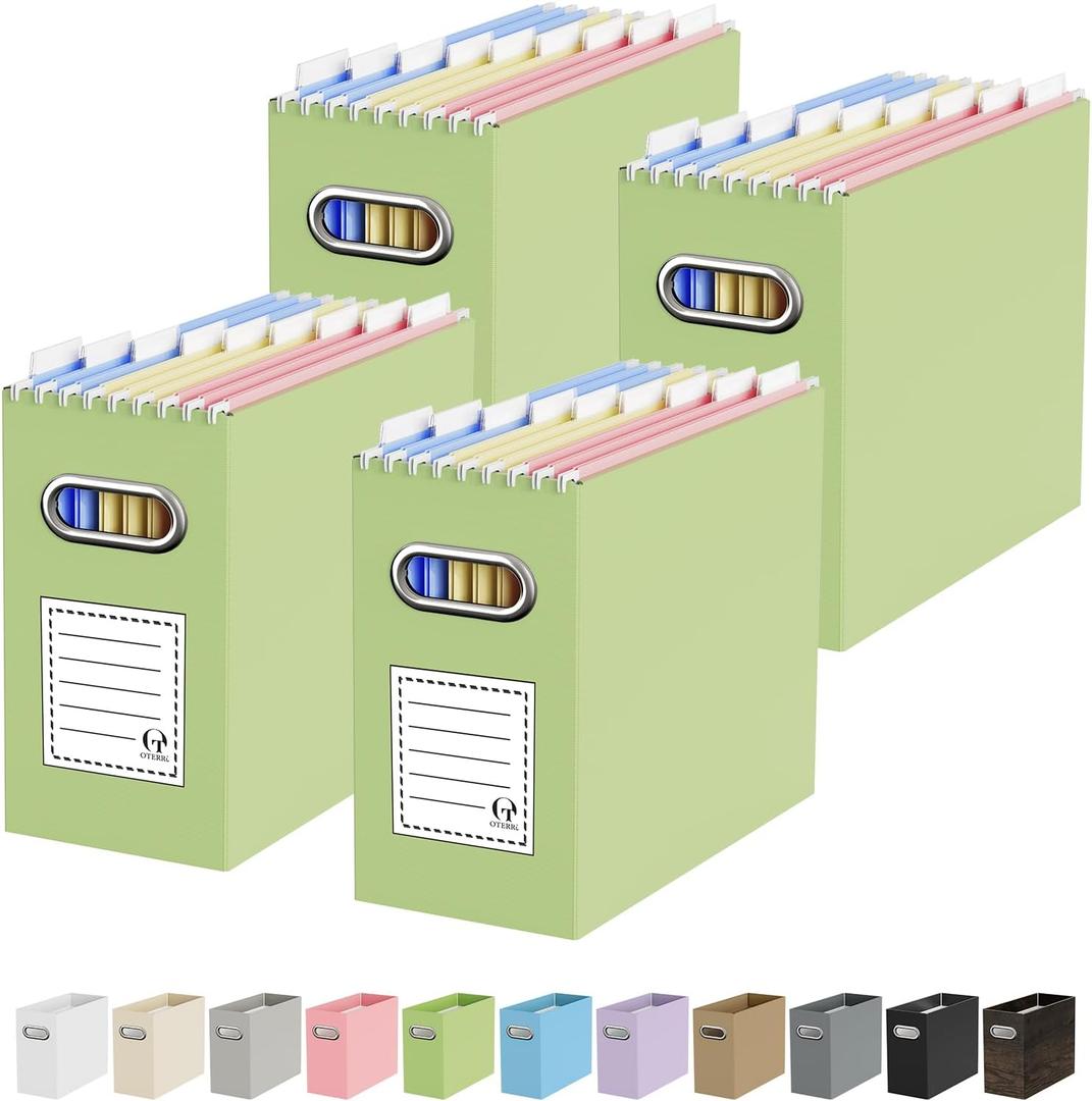 Oterri File Organizer Box, Portable Collapsible Cardboard File Folder Organizer with Handle for Letter Size Hanging Files, Document Storage Box for Home Office & Classroom (4 Packs, Green)