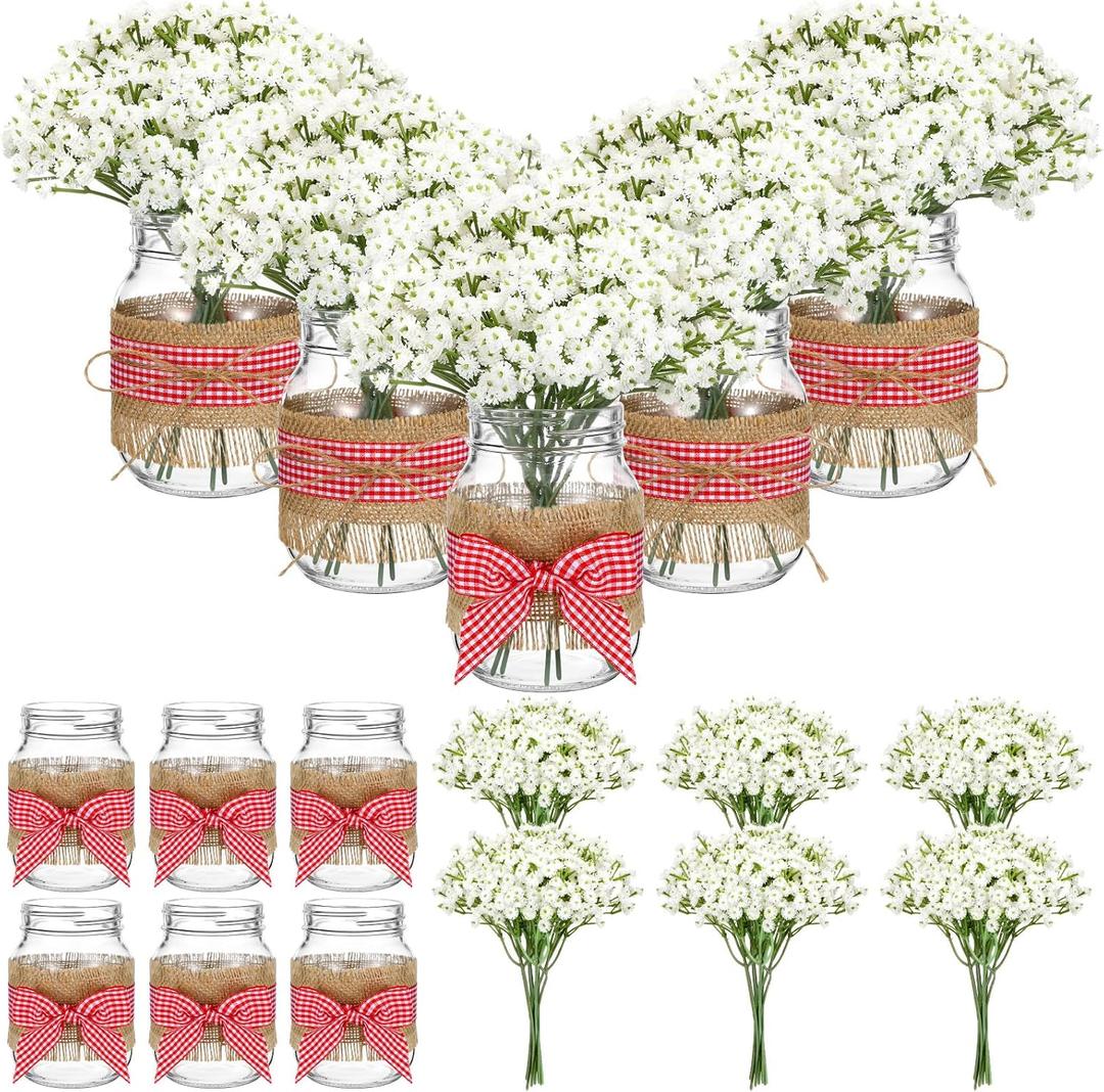 Daifunli 6 Set Picnic Party Centerpieces for Table Mason Jar Table Decor with Artificial Flowers Red Gingham Ribbon for Picnic Birthday Party BBQ Baby Shower Wedding(6,Classic Baby's Breath)