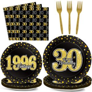 96PCS 30th Theme Birthday Party Tableware Vintage 1996 Party Supplies 30 Year Old Birthday Decorations Plates Napkins Forks Black and Gold Dinnerware Favors for Men or Women