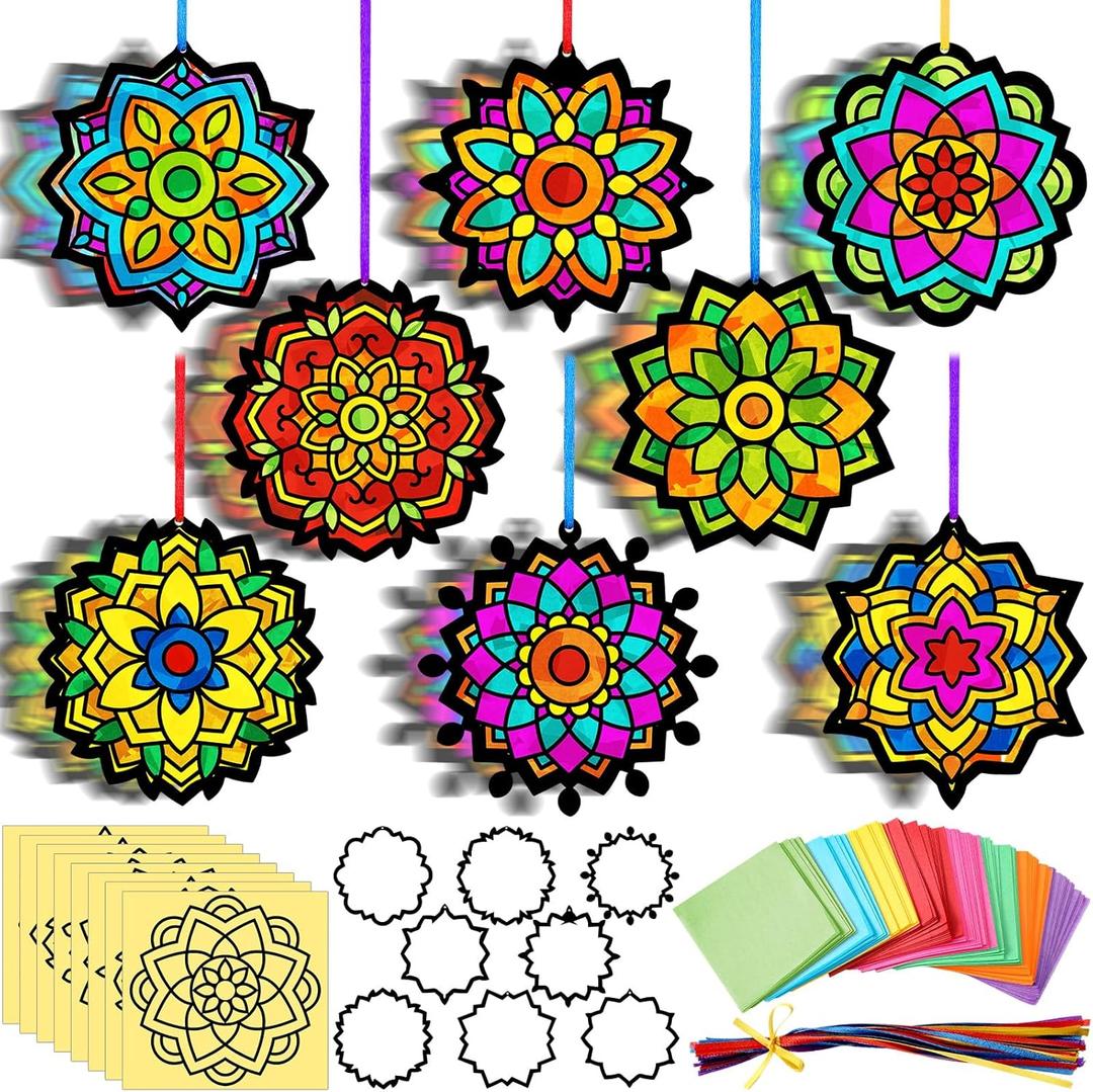 MotiMind 32 Sets Diwali Rangoli Mandala Suncatchers Paper Kit Mandala Flower DIY Window Stained Craft Glass Effect Tissue Paper Craft Bulk for Home School Classroom Party Decoration Gifts Art Activity