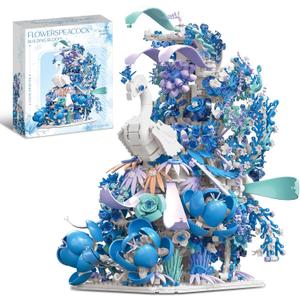 Blue Flowers Peacock Building Set for Adults - Creative Animal Botanicals Peacock Bird Toy Home Office Art Deocr, Compatible with Lego, for Women Mom (2470 PCS)