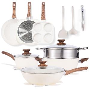 Sweetcrispy 17 Pcs Nonstick Pots and Pans, Non-toxic Kitchen Cooking Set, Induction Kitchen Cookware Sets Non Stick with Stay-Cool Handles, Oven Safe, Beige