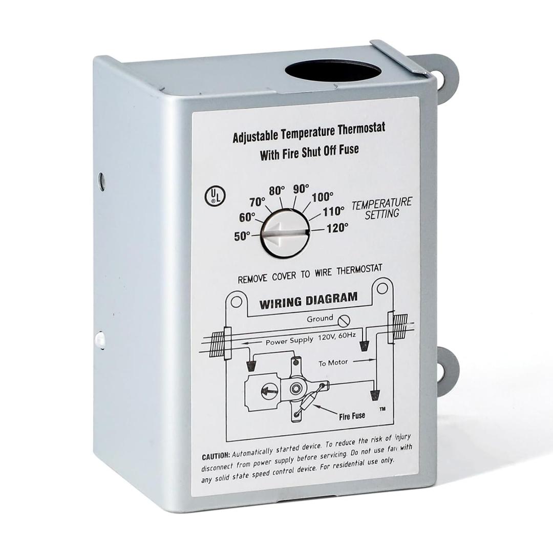 Attic Fan Adjustable Thermostat w/Fire Shut Off Fuse for Lomanco F0510B2944, F0510B2497, 58034 Attic Fan Thermostat Control Replacement, Adjustable Temperature Finger Dial Switch