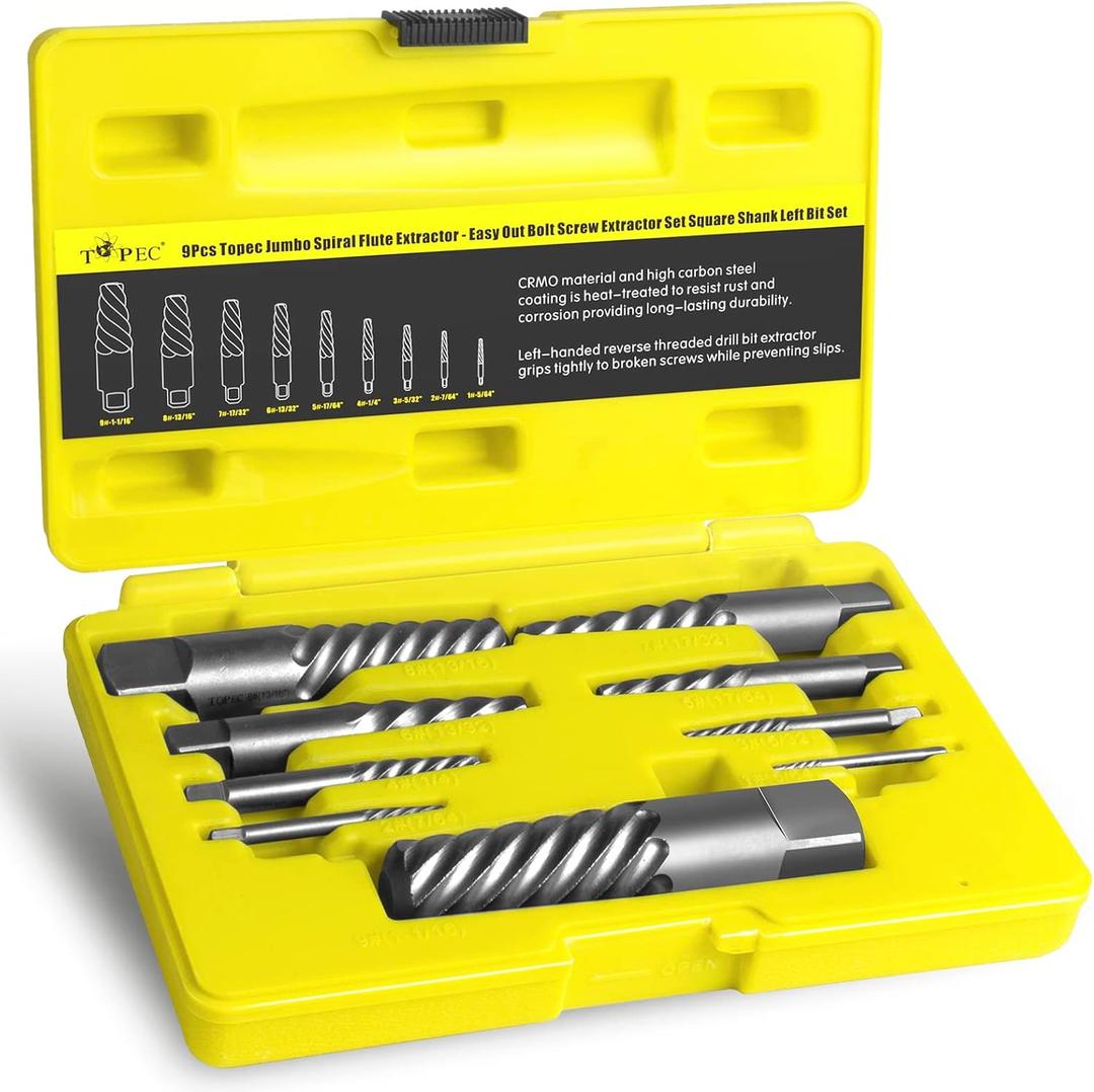Topec 9 Piece Jumbo Spiral Flute Extractor -Easy Out Bolt Screw Extractor Set Square Shank Reverse Bit Set for Removing Broken Screws, Bolts, and Studs with Reverse Drill Bit Extractor Set