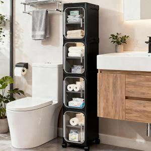 4-Tier Tall Narrow Storage Cabinet with Adjustable Shelves and Movable Wheels, Slim, Bathroom Storage and Organizers for Small Space, Bathroom, Kitchen, Laundry, Black