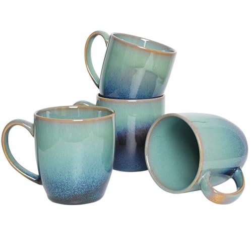 Bosmarlin Ceramic Coffee Mug Set of 4, 17 Oz, Coffee Cups with Big Handle, Microwave Safe, Unique Reactive Glaze(17 Oz, Pale Green)