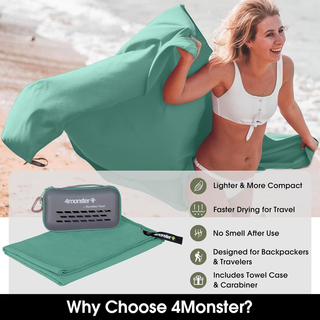 4Monster Quick Dry Travel Towel with Case & Carabiner Super Absorbent Microfiber Gym & Camping Towel. Compact, Lightweight, Fast Drying for Beach, Swimming, Hiking, Backpacking