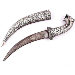 Purpledip Decorative Mini-Sword for Ceremonial Or Ornamental Use: Tiger Hilt, Damascus Steel Blade, Silver Wire Koftgiri Craft Scabbard, 12 inches (A20001)