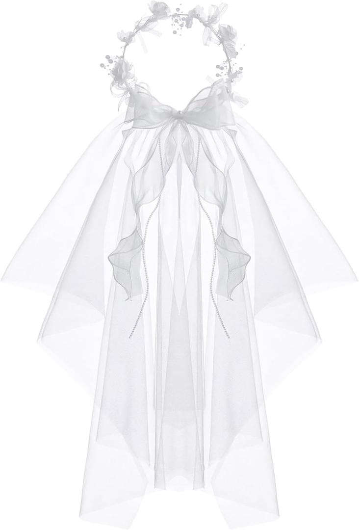 Girls First Communion Veil White Flower Crown Floral Pearls Wreath Lace Veil