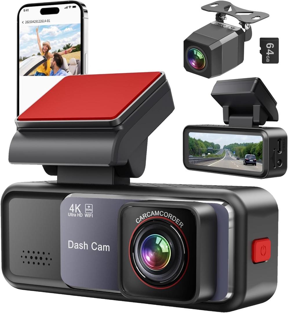 4K+2K Dash Cam Front and Rear, Free 64GB Card Included, 5.8GHz WiFi Dash Camera for Cars, Built-in G-Sensor, 3.2 IPS Screen, 170Wide Angle, Night Vision, 24 Parking Mode, Black