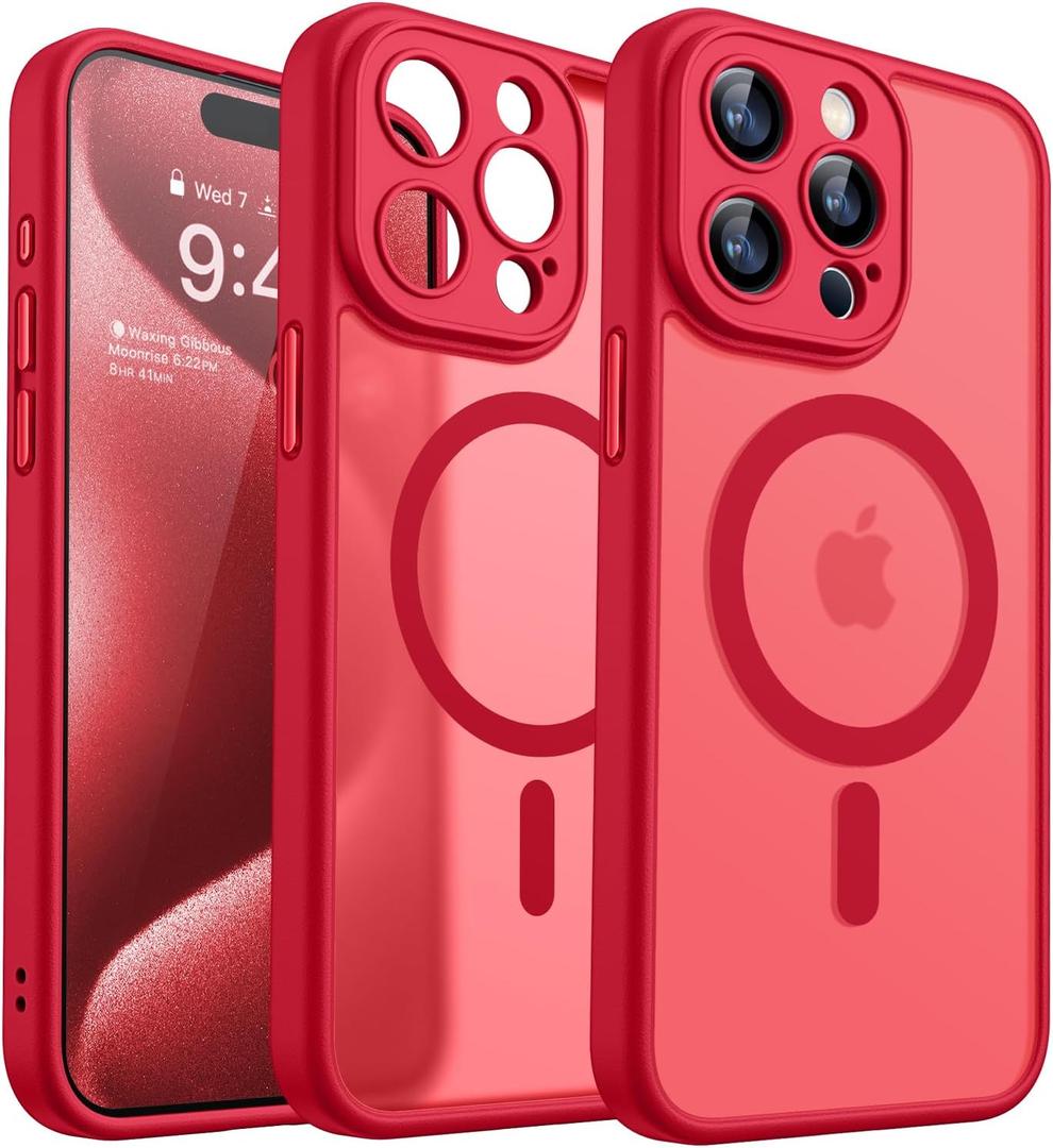CANSHN Magnetic Compatible with iPhone 15 Pro Case, Upgraded [Full Camera Protection] [Compatible with Magsafe] [Translucent Matte] Shockproof Protective Phone Case Cover 6.1 Inch - Red