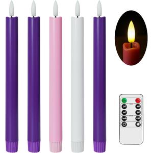 Flameless Advent Candles, Set of 5 - Flickering LED Flame, 10 Inch Taper Candlesticks, Remote Controlled - 3 Purple, 1 Pink, 1 White for Christmas Wreath