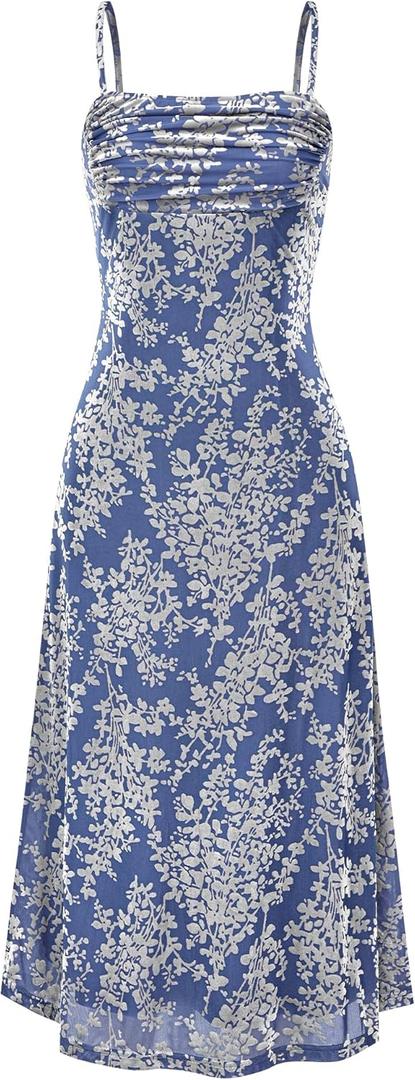 BTFBM Women's Summer Dress Sleeveless Spaghetti Strap Midi Dress Sexy Cowl Neck Floral Cocktail Dress Party Dresses (Blue, Small)