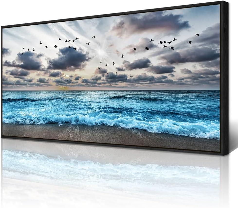 Wapluam Black And White Beach Wall Painting Black Framed Canvas Wall Art For Living Room Wall Decoration For Bedroom Office Wall Decor Blue Sea Wave Pictures Artwork Modern Hotel Room Home Wall Art (40L" x 20W", Blue Sea Wave Pictures Black Framed)