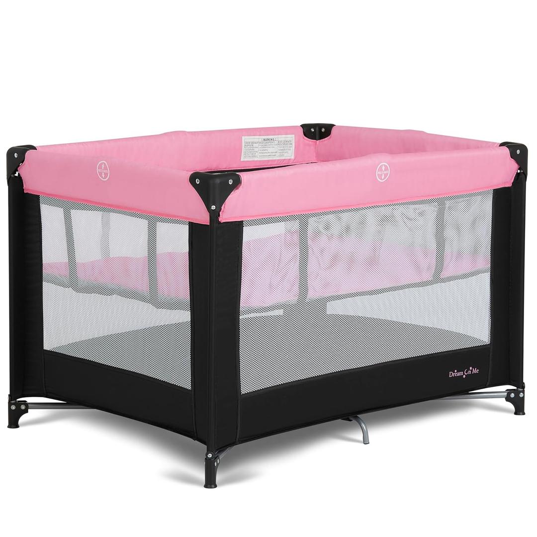 Dream On Me Zazzy Portable Playard with Bassinet - 360 Mesh Visibility, Quick Folding Travel Friendly Design, Carry Bag and Foldable Mattress Pad Included, Compact and Lightweight - Pink