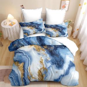 Marble Comforter Set King Size Blue Marble Texture Abstract Comforter Gold Modern Fluid Marbling Soft Breathable Microfiber Cottagecore Bedding Set 3 Pcs for Bedroom Decor