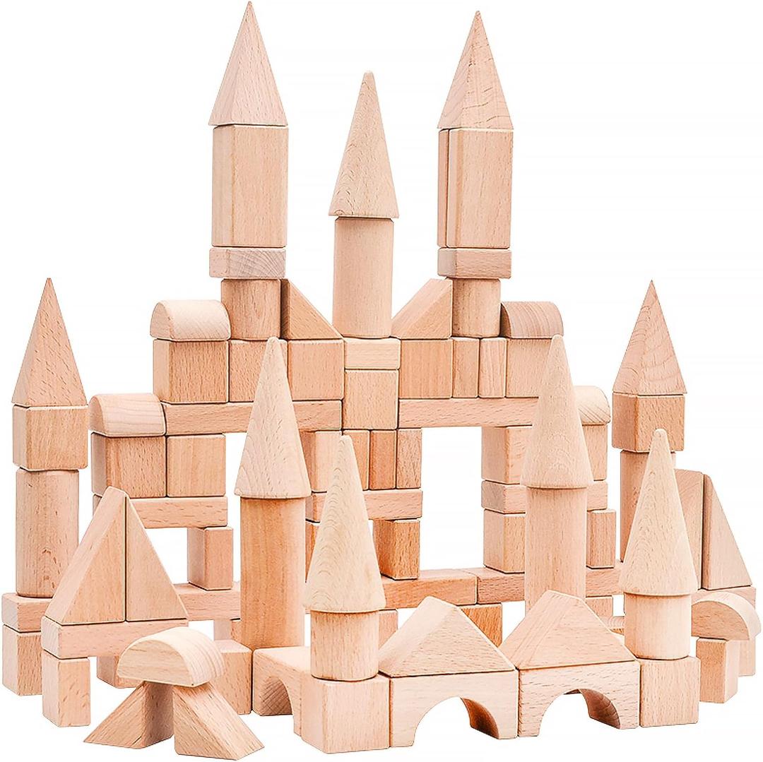 Kids Wooden Blocks - 100 Pcs - Building Blocks for Toddlers - Natural Beech Wood Blocks - Preschool Learning Toys Stacking Block
