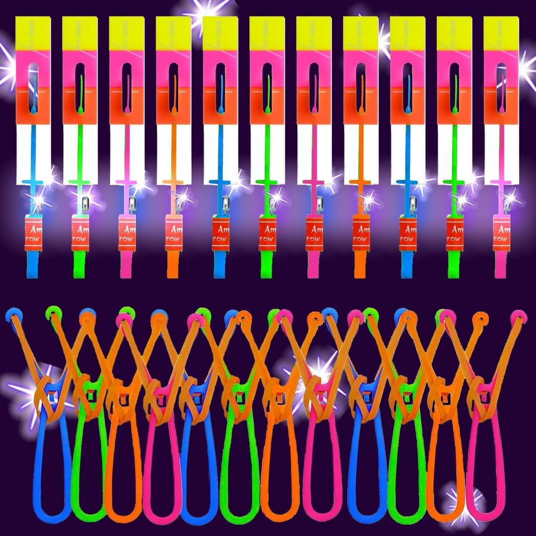 50 Sets LED Flying Set, 25 Slingshot + 25 Glow Helicopter, Glow in The Dark Party Favors for Kids, Outdoor Game Toys Party Supplies Gifts Bulk