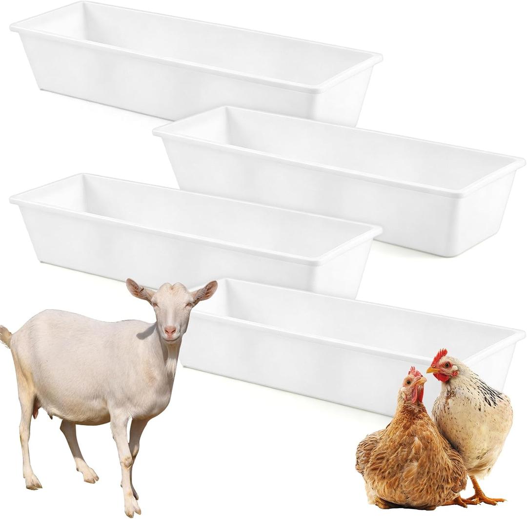 Geelin 4 Pcs 12 Gallon/48 Quart Plastic Livestock Water Trough, White 39" Long Large Capacity Livestock Feeding Trough for Calves Pig Sheep Horses Alpacas and Goats Farm Animal Feeding