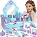 Toyssa Wooden Kids Vanity Set for Girls, Pretend Makeup Play Vanity for Toddlers 3-5, Beauty Salon Play Set Toys with Big Mirror, Princess Birthday for Girls Ages 3 4 5 6 Years Old, Child-Size