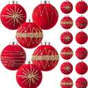 Suncalla 12 Pcs Red Velvet Christmas Ornaments 80mm/ 3.2 Inches Large Neutral Flocked Ball Hanging Ornament Xmas Balls Set for Christmas Tree Decorations Party Hanging Decor