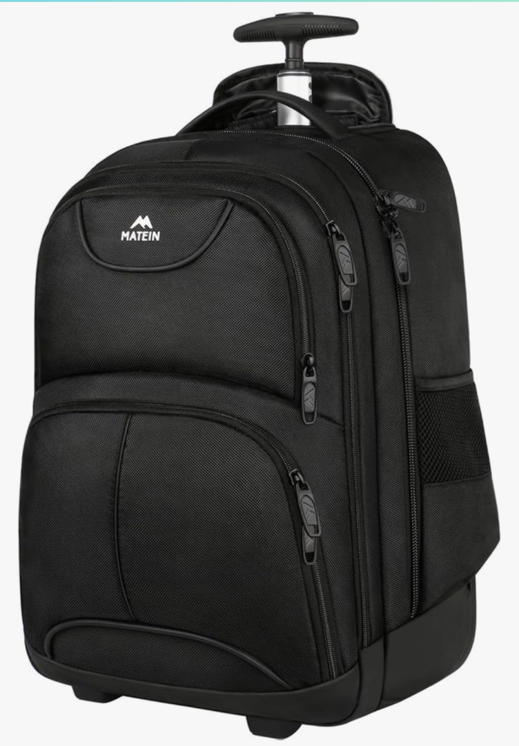 MATEIN Rolling Backpack, 17 inch Water Resistant Wheeled Laptop Backpack, Carry on Luggage Business Bag, Overnight College Computer Bag Trolley Suitcase for Men Women Adults to Travel, Black