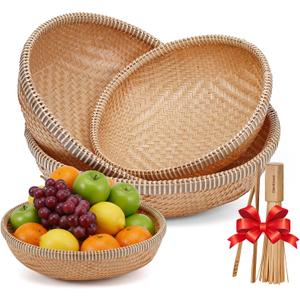 Set of 3 Handwoven Bamboo & Rattan Baskets Woven Bread Basket & Fruit Bowl for Kitchen Counter, Decorative Wicker Tray for Serving Snacks, Pastries & Table Centerpiece