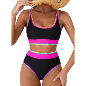 Herseas Womens Black Sexy Bikini Sets Shell Stitch 2 Piece Tummy Control Swimsuits Flattering High Waisted Color Block Scoop Sporty Bathing Suits Casual Resort Wear Cruise Outfits, Medium