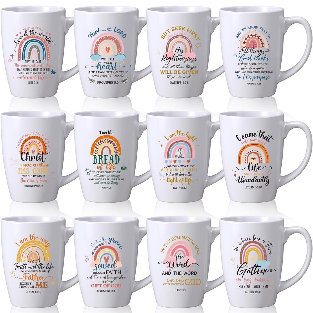 Widecook 12 Pcs Mother's Day Christian Coffee Mug Gifts Set for Women Men 12oz Bible Verses Ceramic Cup Religious Coffee Mugs for Pastor Family Church Party Favors Gifts, No Dishwasher (Rainbow)