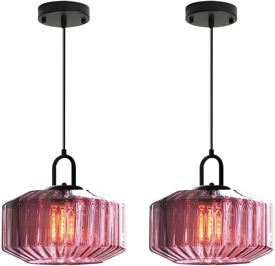 Mid Century Hanging Light Purple Glass Ceiling Pendant Lights Kitchen Island Vintage Pendant Lighting Striped Glass Globe Shade Modern Dining Room Pendant Light fixtures Black Finish