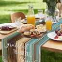 Farmhouse Linen Table Runner, Blue Brown Teal Green, Grateful Thanksgiving Table Runners 90 inches Long - Heat Resistant Waterproof Wood Rustic Retro Runner for Kitchen Dining Living Room Coffee Table