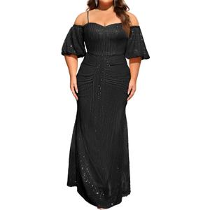 Women's Plus Size Off The Shoulder Puff Sleeve Dress Sequin Formal Maxi Evening Cocktail Party Gowns (Black, XXXL)
