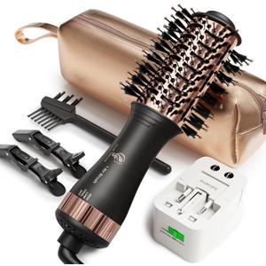 110-240V Travel Brush Hair Dryer, Small Hair Straightener Brush with European Plug Adapter for International Travel, 4 in 1 Hot Air Styler & Dryer for Drying Straightening Curling Volumizing (50 mm, Black)