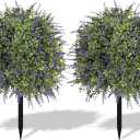 2pcs Artificial Topiary Boxwood Ball with Lavender, UV Resistant Fake Plant Shrub Bushes Tree with Ground Spike for Outdoor Indoor Planter Front Porch Garden (Purple)
