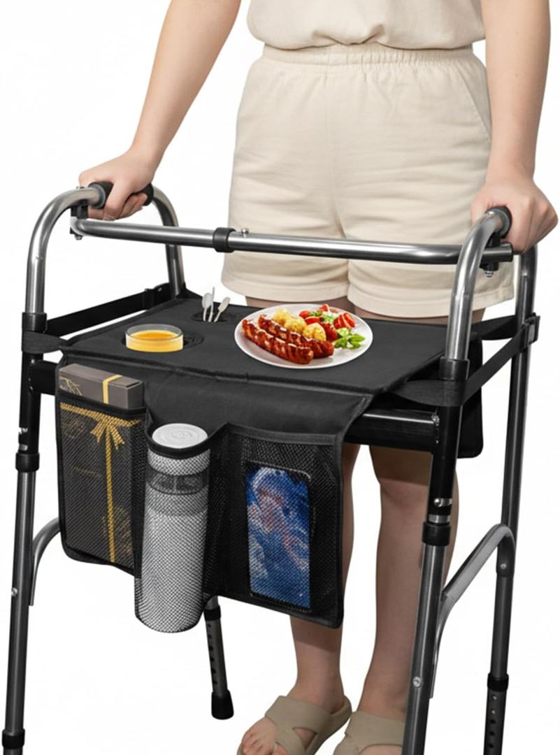 Walker Tray for Folding Walker,Walker Basket Bag,Trays for Walkers for Seniors Detachable with Cup Holder,Walker Trays for Rolling Folding Walker,Walker Accessories for Elderly (Black)