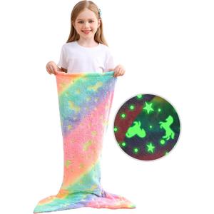 Softan Kids Mermaid Tail Blanket, Glow in The Dark Unicorn and Mermaid Gifts for Girls, Soft Flannel Fleece Toddler Blanket with Rainbow Ombre Fish Scale Design - 17" x 39"