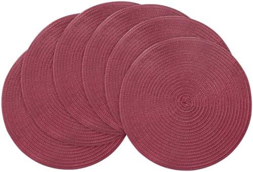 Floroom 15 Inch Round Braided Placemats Set of 6, Washable Heat Resistant Cotton Polyester Circle Place Mats for Kitchen Dining Table - Burgundy