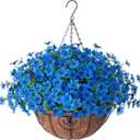 HyeFlora Artificial Fake Hanging Plants Flowers with Basket Outdoor Decor Faux Silk Daisy Flower Arrangements in Pot Planter for Porch Home Indoor Patio Garden Yard Decoration, Blue
