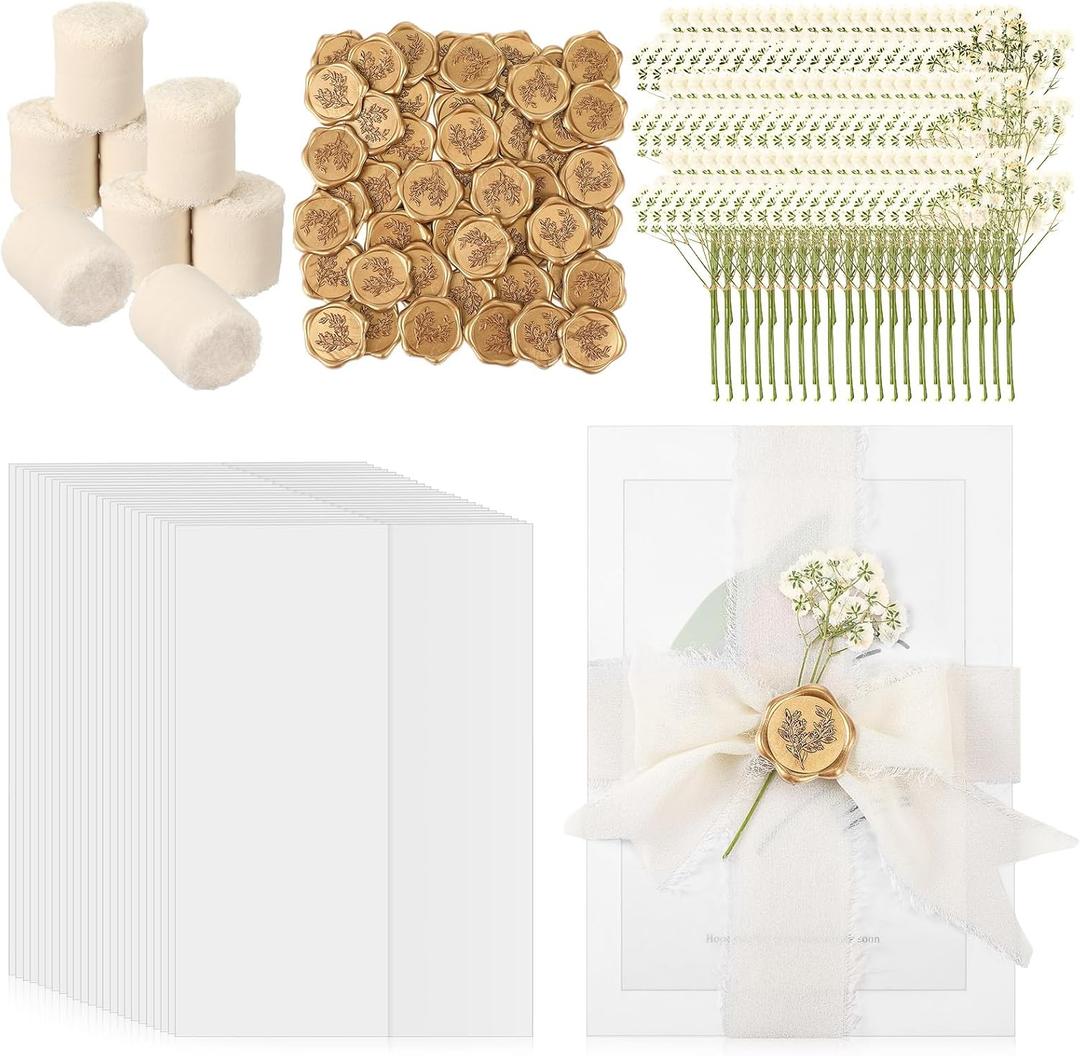 Fuyoooo 50 Sets Wedding Invitations Wraps Set Pre Folded Vellum Jackets for 5 x 7 inch Invitations Self Adhesive Gold Wax Seal Stickers Dried Baby's Breath Flowers Chiffon Silk Ribbon for Craft DIY