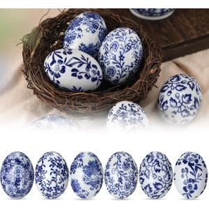 Bucherry 6 Pcs Ceramic Easter Eggs Decorations Chinoiserie Blue and White Floral Eggs Figurines Porcelain Egg Decorative for Easter Basket Fillers Table Setting Spring Party Favors