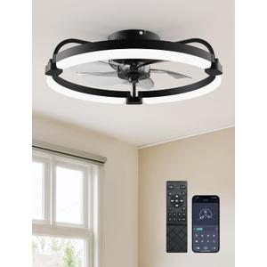 Ensenior Ceiling Fans with Lights and Remote, 20'' Low Profile Ceiling Fan Flush Mount, APP Control, 6 Speed, 3CCT, Quiet Reversible DC Motor, Dimmable Modern Ceiling Fan with Light for Bedroom, Black