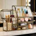 Luxury Glass Makeup Organizer Antique Bronze Metal Frame, Clear Vanity Countertop Storage Case for Cosmetics, Skincare, Perfume, Jewelry, Brush Holder & Drawers for Bathroom, Bedroom, Dressing Table