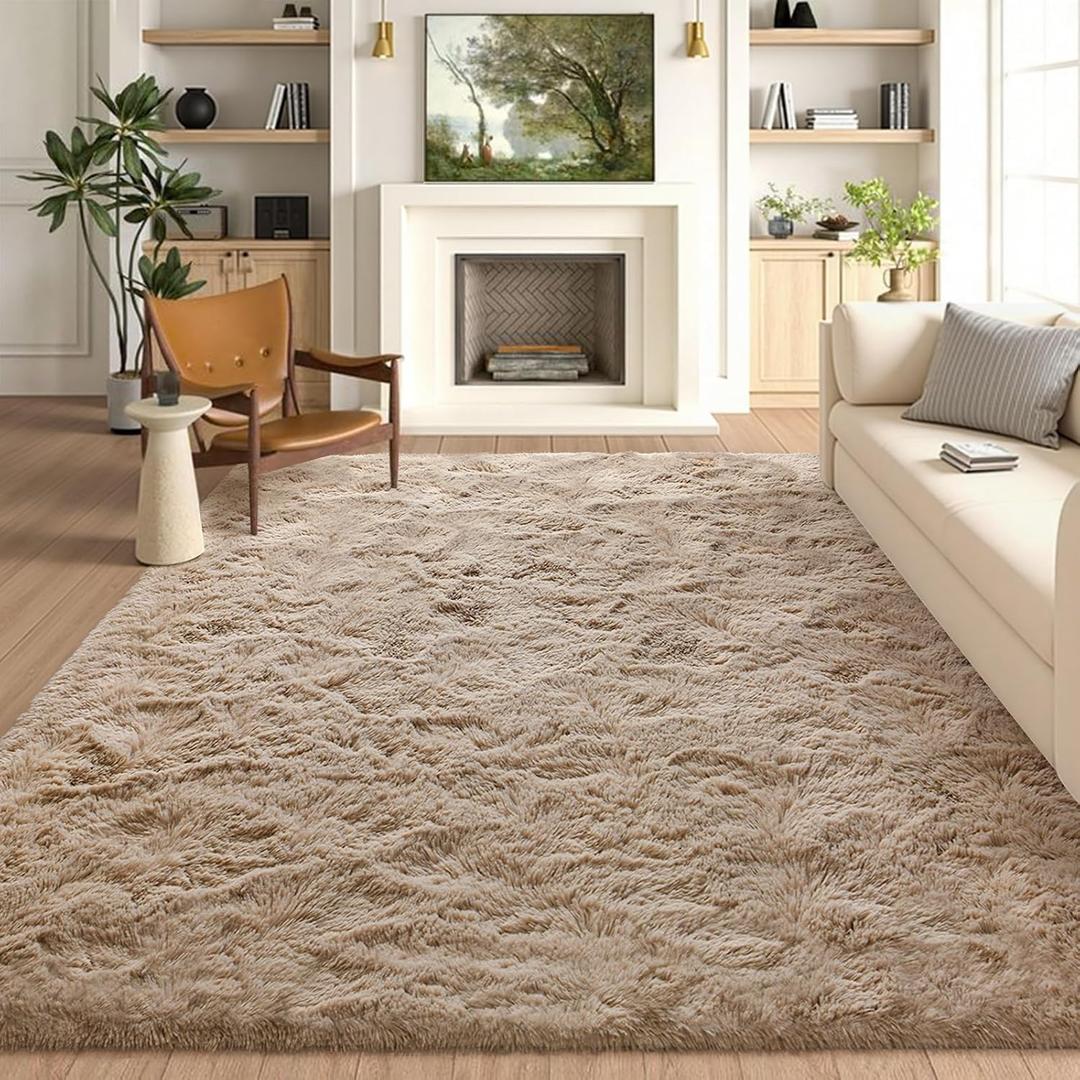 Bedroom Rugs Fluffy Neutral 4x6 Beige Area Rug, Modern Plush Non-Slip Soft Living Room Shag Carpet for Book Room Office,Coffee Stain Resistant