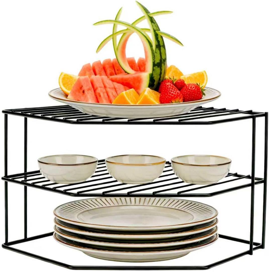 3-Tier Kitchen Corner Shelf Rack – 10x10x7 Inch Metal Wire Counter & Cabinet Organizer, Pantry Kitchen Counter Storage Shelf and Organizer for Plates, Cups, Dishes (Black)